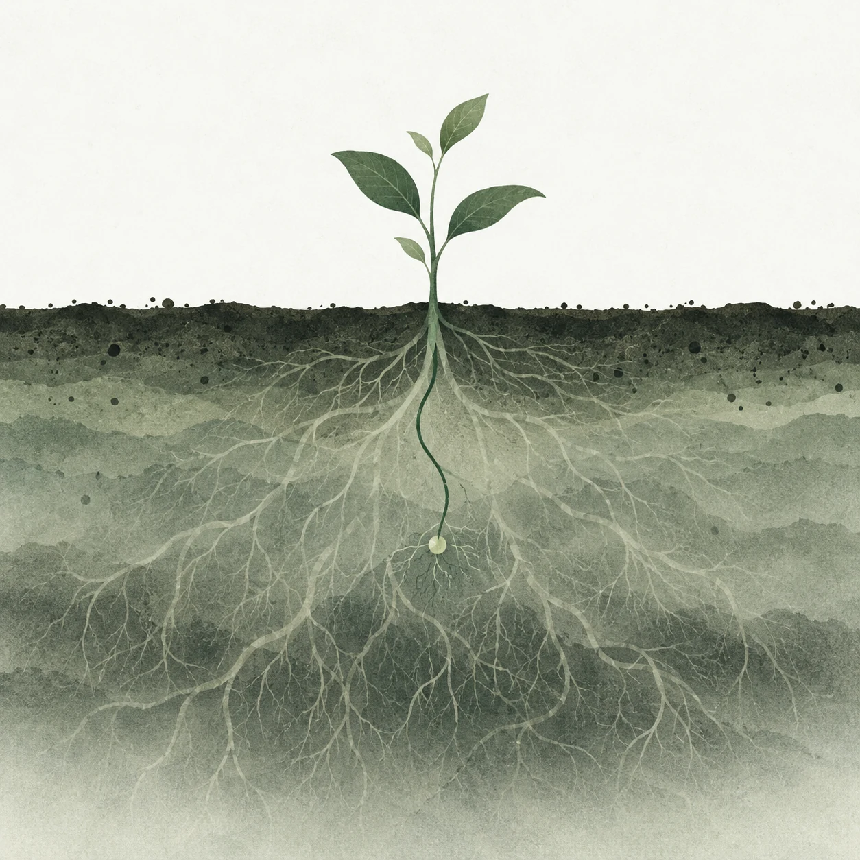 地上の若い植物と、土や霧に隠れた根のネットワーク。茎から一つの小さな点につながる根だけが、濃い緑の線で示されている。